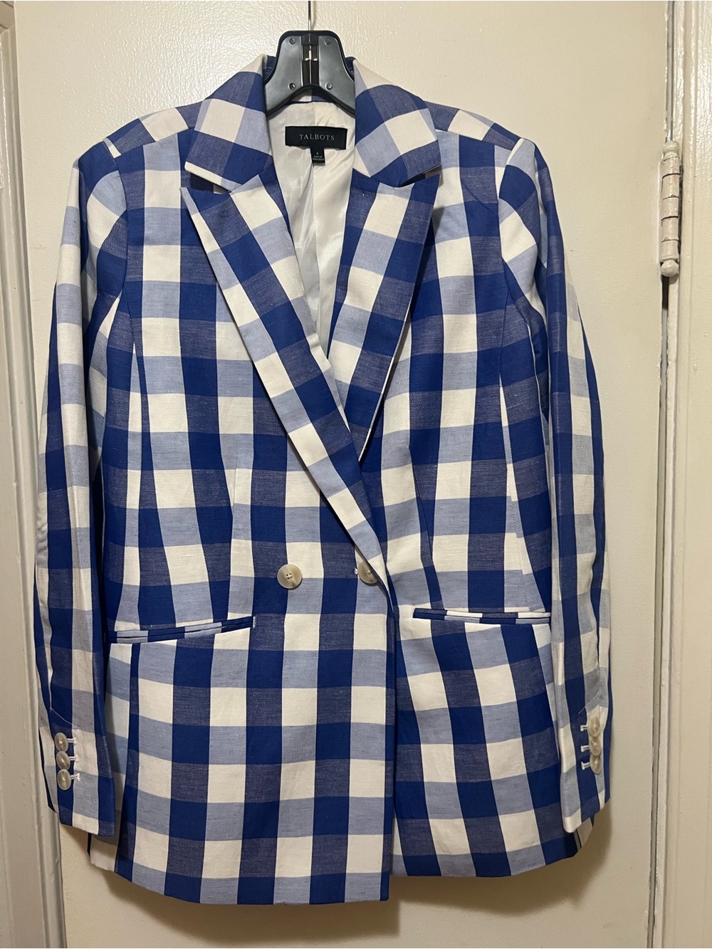 Talbots Blue and White Gingham Double-Breasted Sport Coat